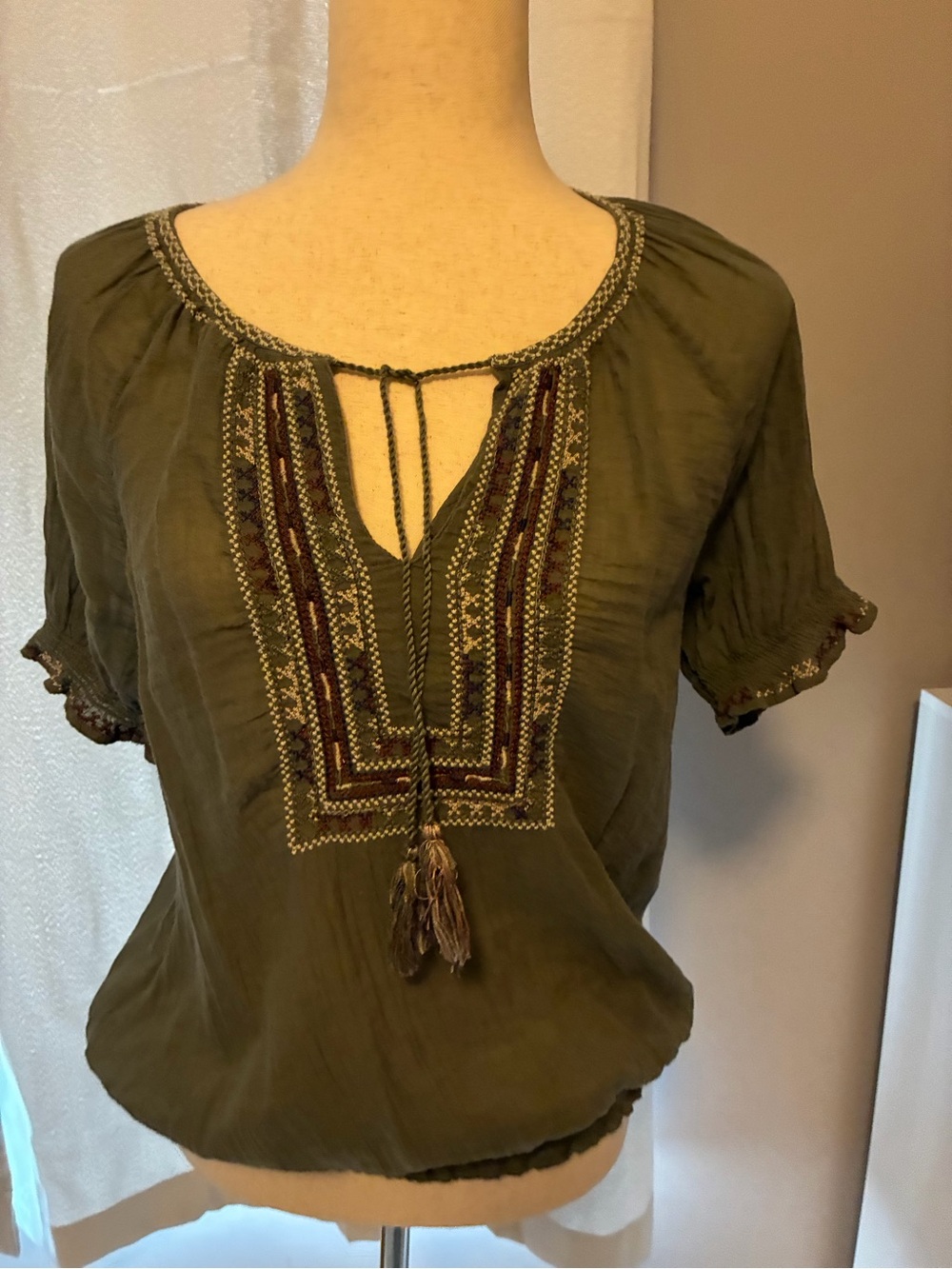 Joie Olive Embroidered Tassel Peasant Blouse